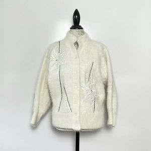 Vintage Mohair Cardigan Sweater Padded Shoulders Size Small